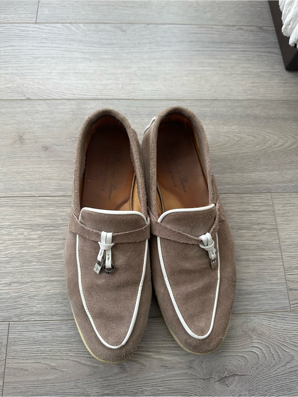 Womens Taupe Suede Loafers with White Trim